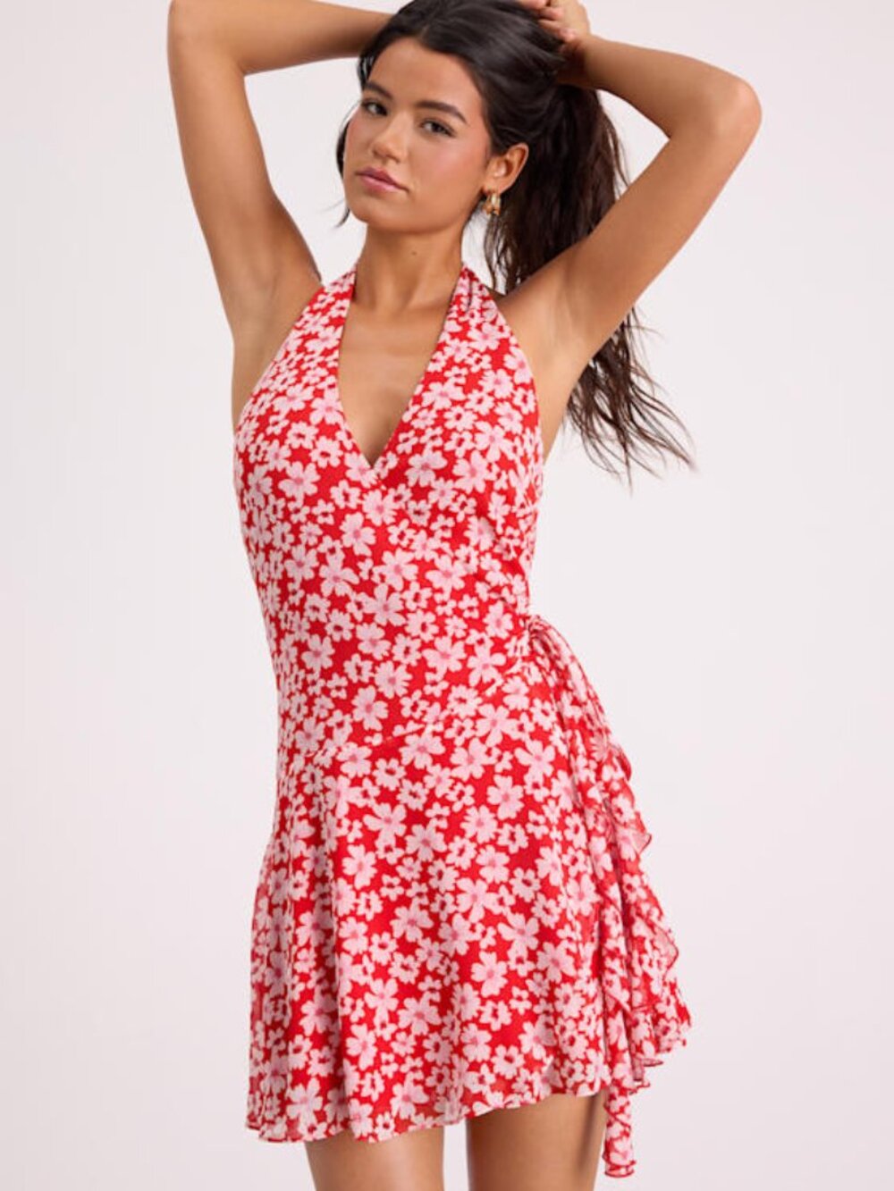 Lulus Chenaya Red Floral Halter Wrap Mini Dress - Size M